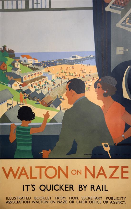 After H.G. Gawthorn. A lithographic poster Walton on Naze Its Quicker By Rail, 39 x 24in., framed and glazed